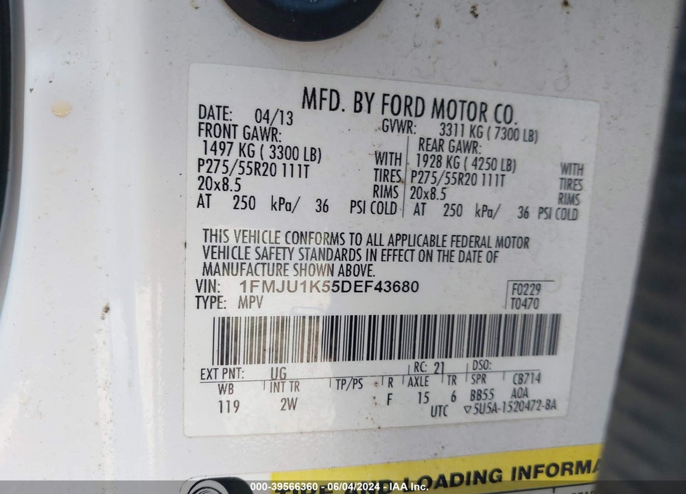 2013 FORD EXPEDITION LIMITED VIN: 1FMJU1K55DEF43680