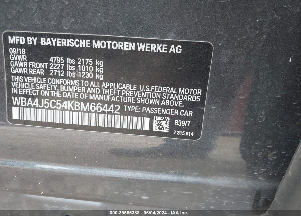2019 BMW 440I GRAN COUPE VIN: WBA4J5C54KBM66442