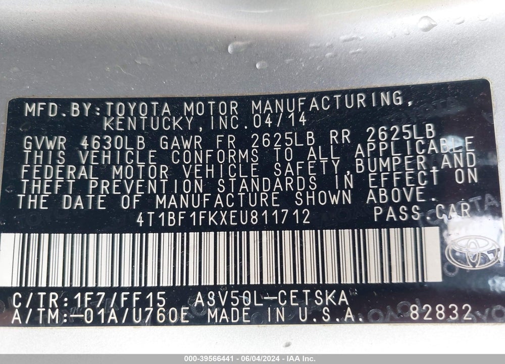 2014 TOYOTA CAMRY SE VIN: 4T1BF1FKXEU811712