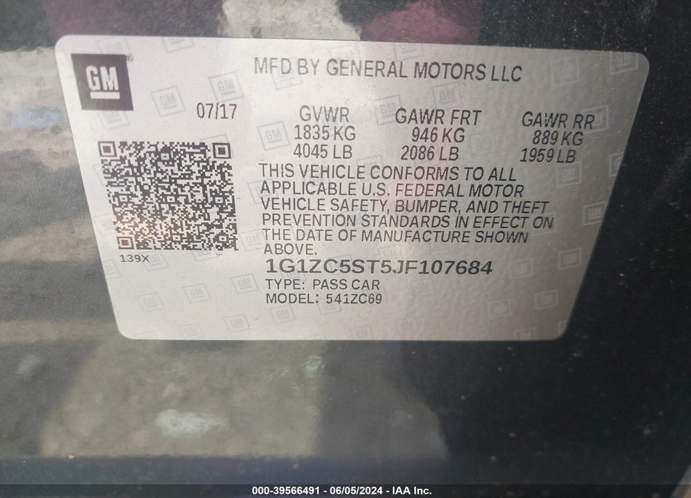 2018 CHEVROLET MALIBU 1FL VIN: 1G1ZC5ST5JF107684