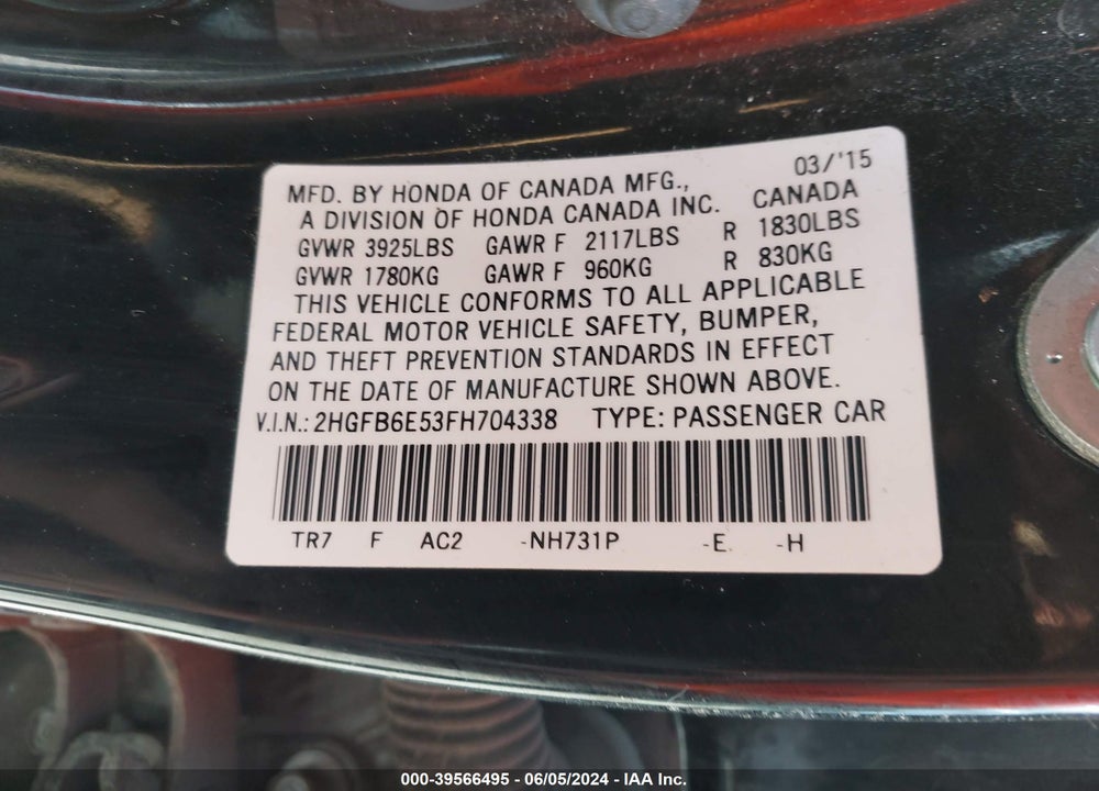 2015 HONDA CIVIC SI VIN: 2HGFB6E53FH704338