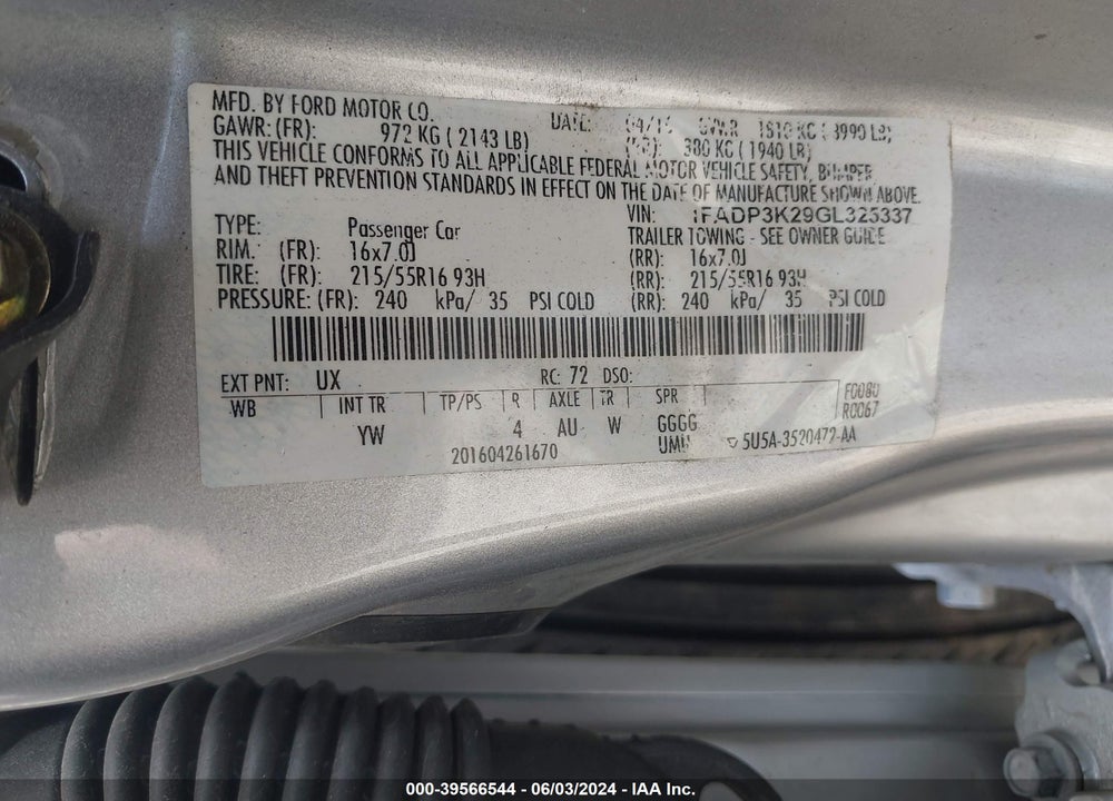 2016 FORD FOCUS SE VIN: 1FADP3K29GL325337