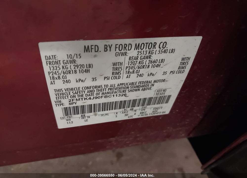 2015 FORD EDGE SEL VIN: 2FMTK4J90FBC11326