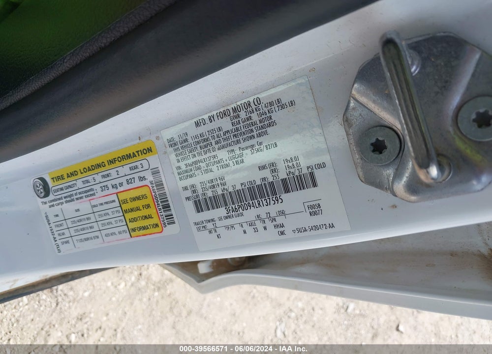 2020 FORD FUSION TITANIUM VIN: 3FA6P0D94LR137595
