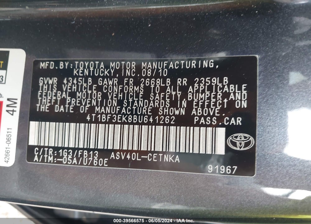 2011 TOYOTA CAMRY LE VIN: 4T1BF3EK8BU641262