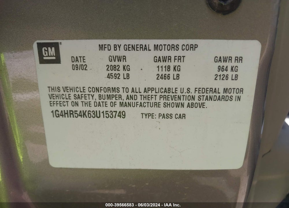 2003 BUICK LESABRE LIMITED VIN: 1G4HR54K63U153749