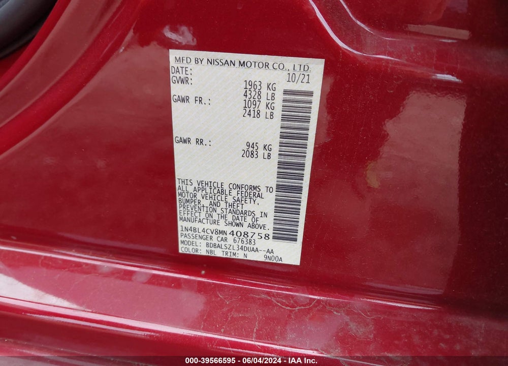 2021 NISSAN ALTIMA SR FWD VIN: 1N4BL4CV8MN408758