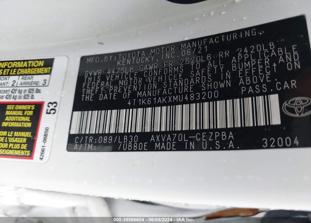 2021 TOYOTA CAMRY XSE VIN: 4T1K61AKXMU483200