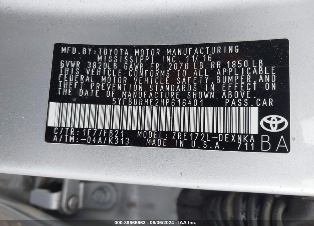 2017 TOYOTA COROLLA LE VIN: 5YFBURHE2HP616401
