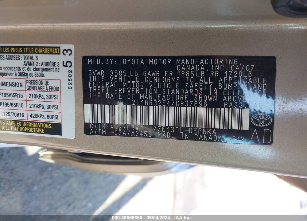 2007 TOYOTA COROLLA LE VIN: 2T1BR32E47C837696