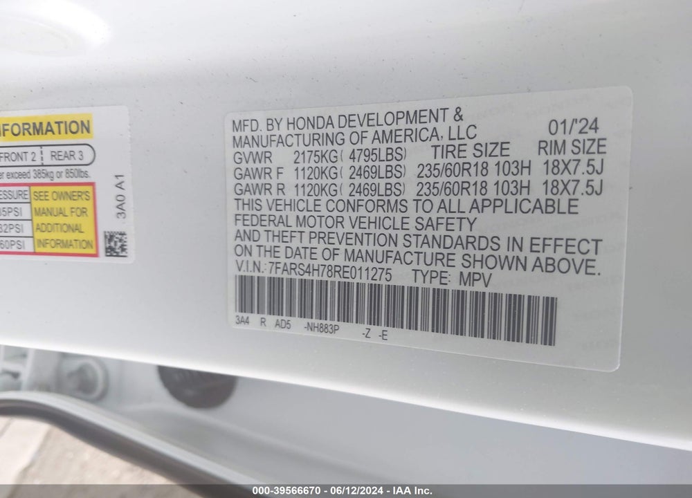 2024 HONDA CR-V EX-L AWD VIN: 7FARS4H78RE011275
