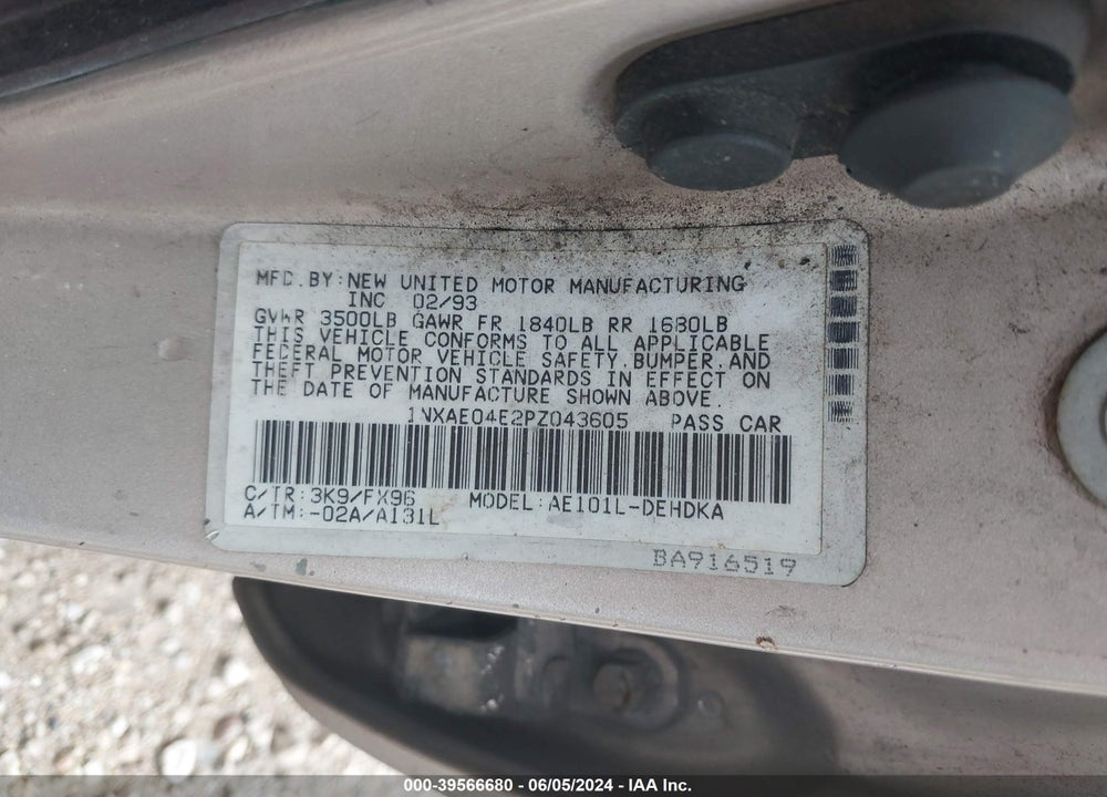 1993 TOYOTA COROLLA VIN: 1NXAE04E2PZ043605