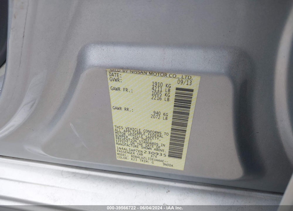2014 NISSAN ALTIMA 2.5 SV VIN: 1N4AL3AP7EN230935