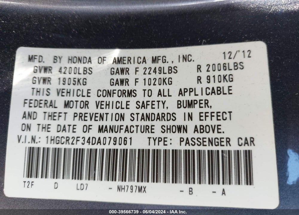 2013 HONDA ACCORD LX VIN: 1HGCR2F34DA079061
