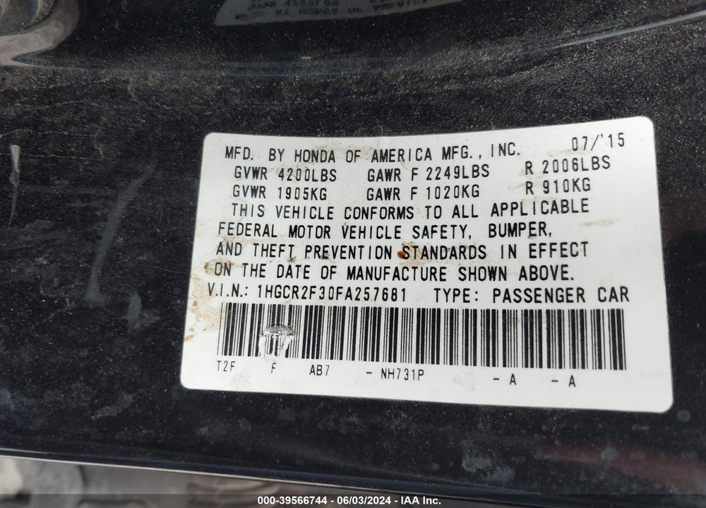 2015 HONDA ACCORD LX VIN: 1HGCR2F30FA257681