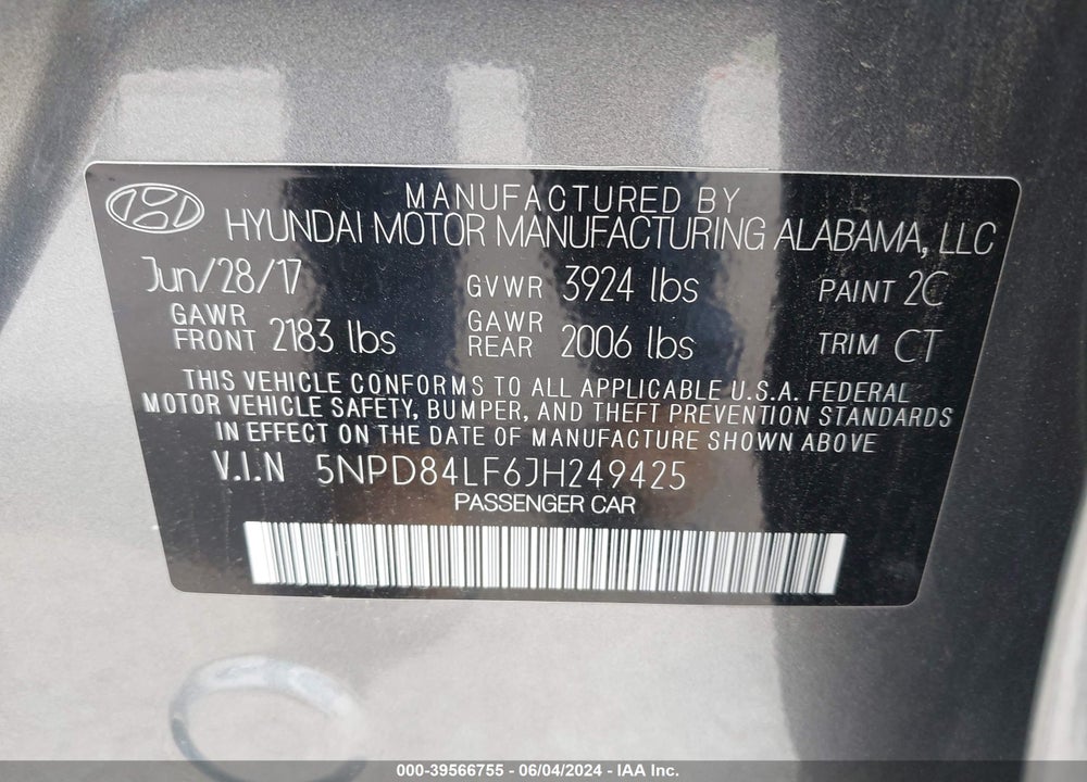 2018 HYUNDAI ELANTRA SEL VIN: 5NPD84LF6JH249425