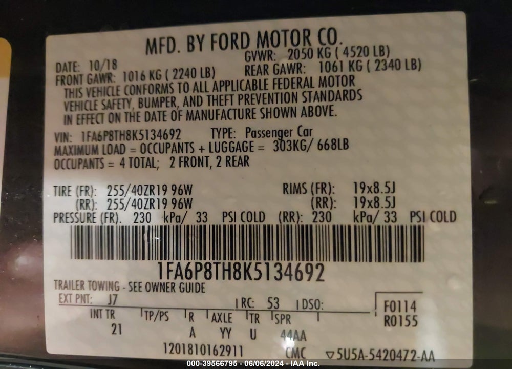 2019 FORD MUSTANG ECOBOOST VIN: 1FA6P8TH8K5134692