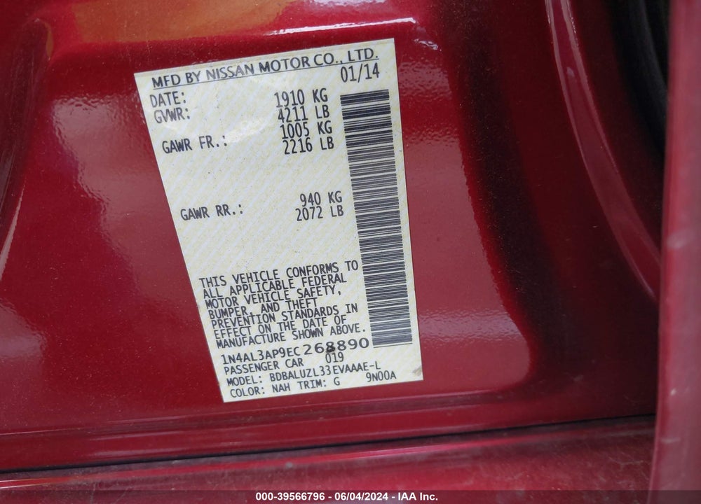 2014 NISSAN ALTIMA 2.5 SV VIN: 1N4AL3AP9EC268890
