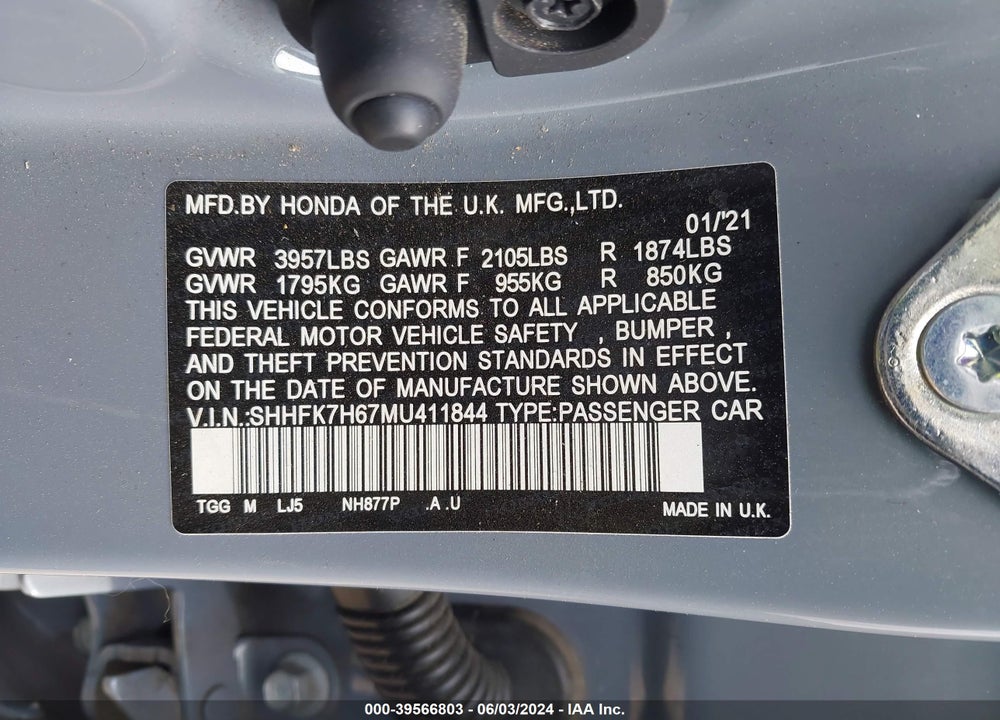 2021 HONDA CIVIC EX VIN: SHHFK7H67MU411844