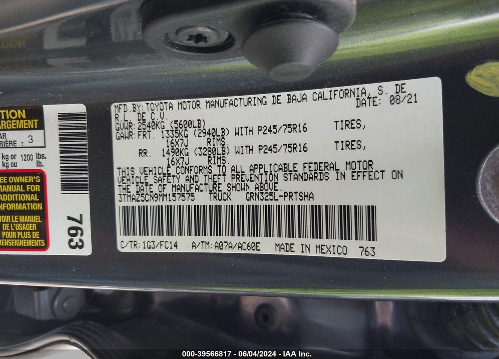 2021 TOYOTA TACOMA SR5 V6 VIN: 3TMAZ5CN9MM157575