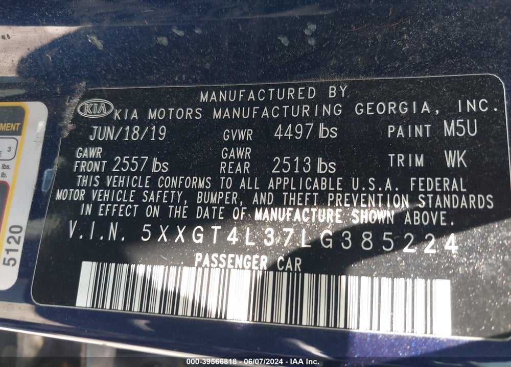 2020 KIA OPTIMA LX VIN: 5XXGT4L37LG385224