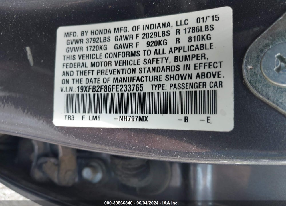 2015 HONDA CIVIC EX VIN: 19XFB2F86FE233765