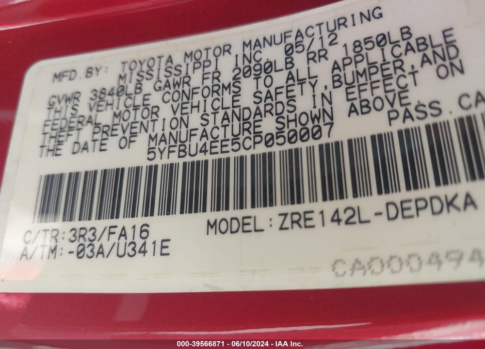 2012 TOYOTA COROLLA L VIN: 5YFBU4EE5CP050007