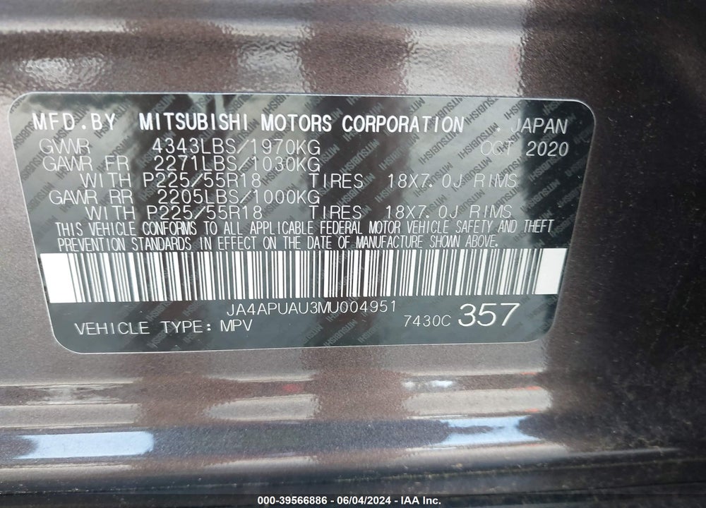 2021 MITSUBISHI OUTLANDER SPORT 2.0 BE 2WD/2.0 ES 2WD/2.0 LE 2WD/2.0 S 2WD VIN: JA4APUAU3MU004951