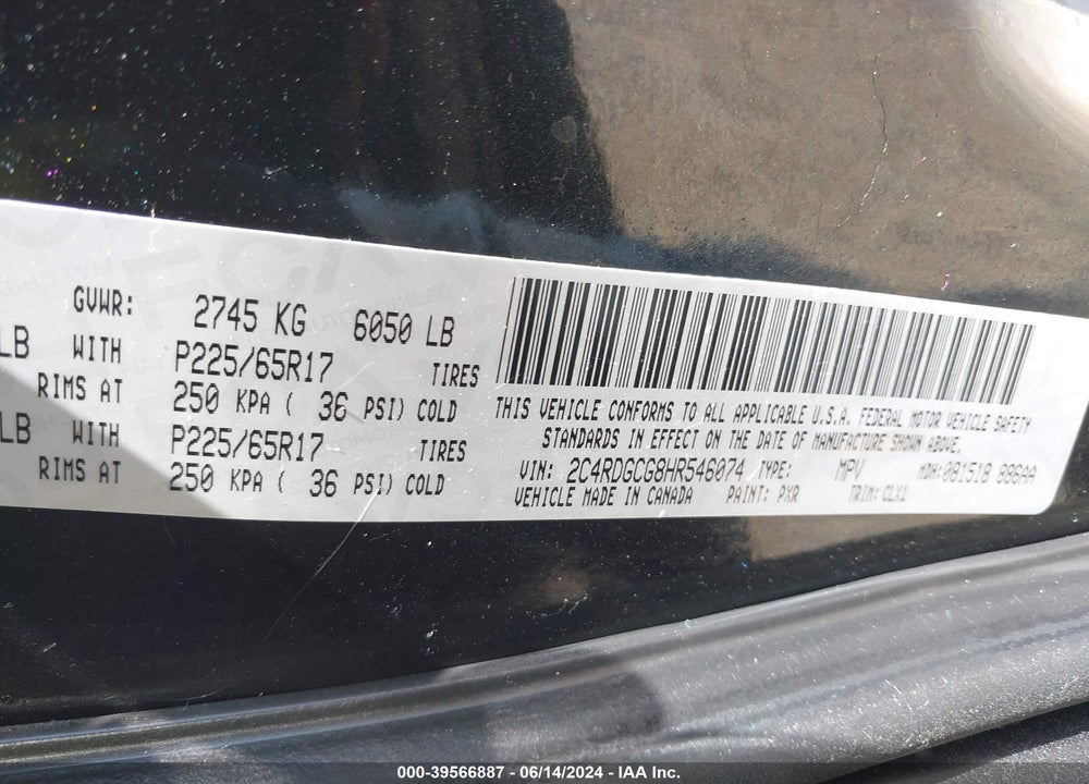 2017 DODGE GRAND CARAVAN SXT VIN: 2C4RDGCG8HR546074