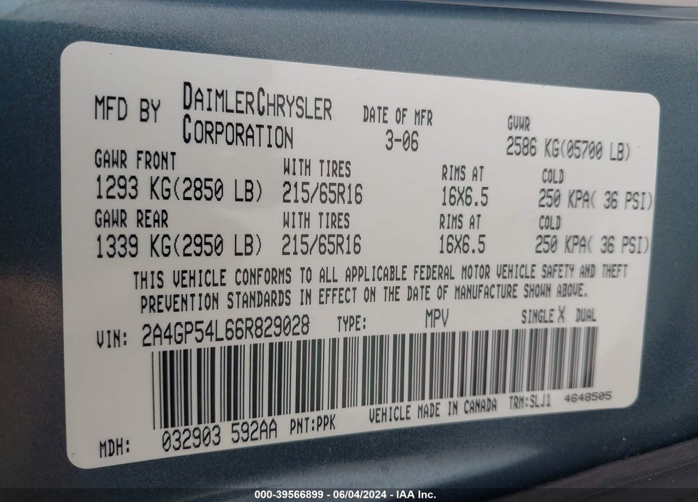 2006 CHRYSLER TOWN & COUNTRY TOURING VIN: 2A4GP54L66R829028