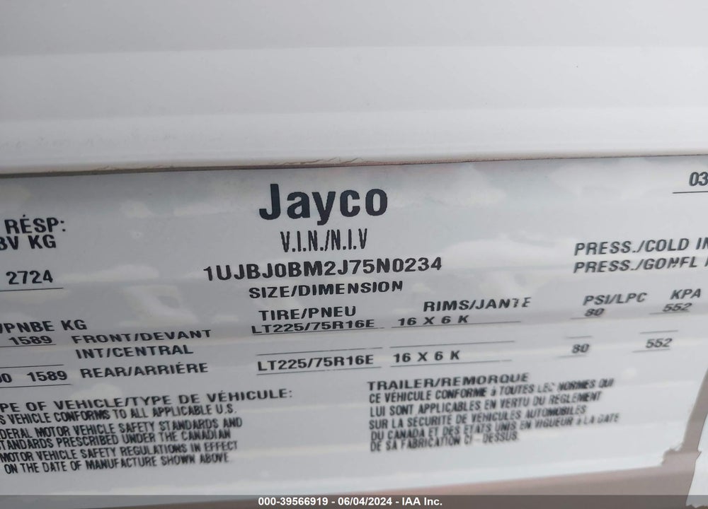 2018 JAYCO 224 BHW VIN: 1UJBJOBM2J75N0234