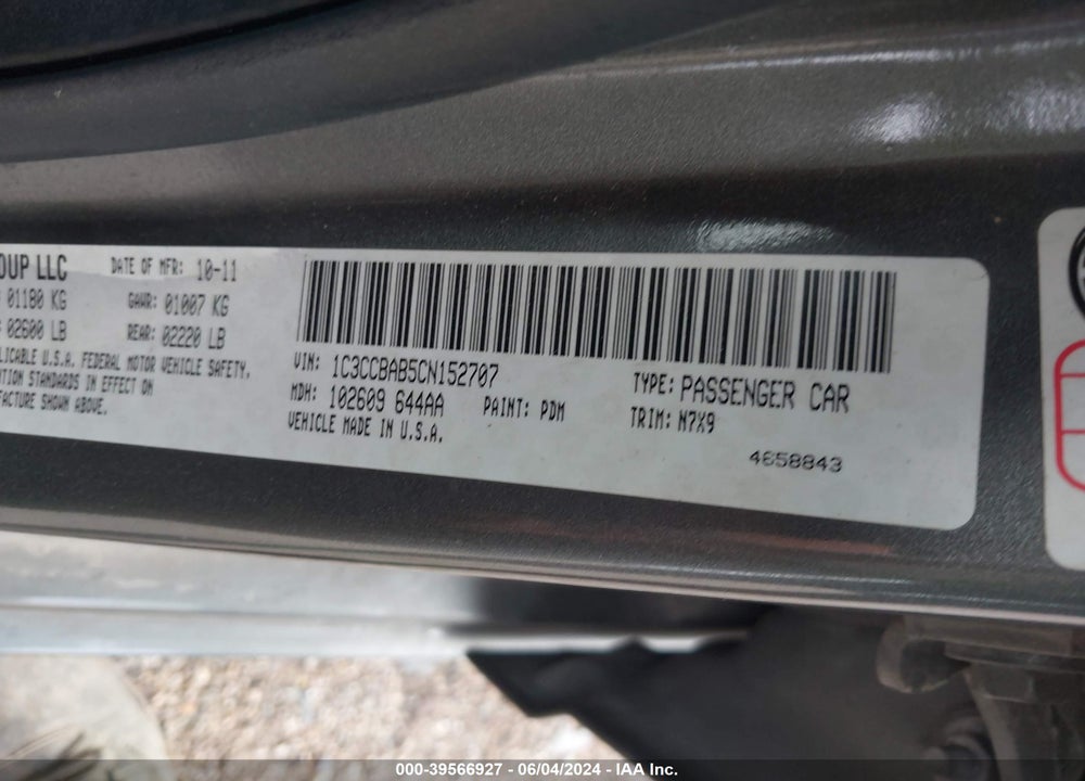 2012 CHRYSLER 200 LX VIN: 1C3CCBAB5CN152707