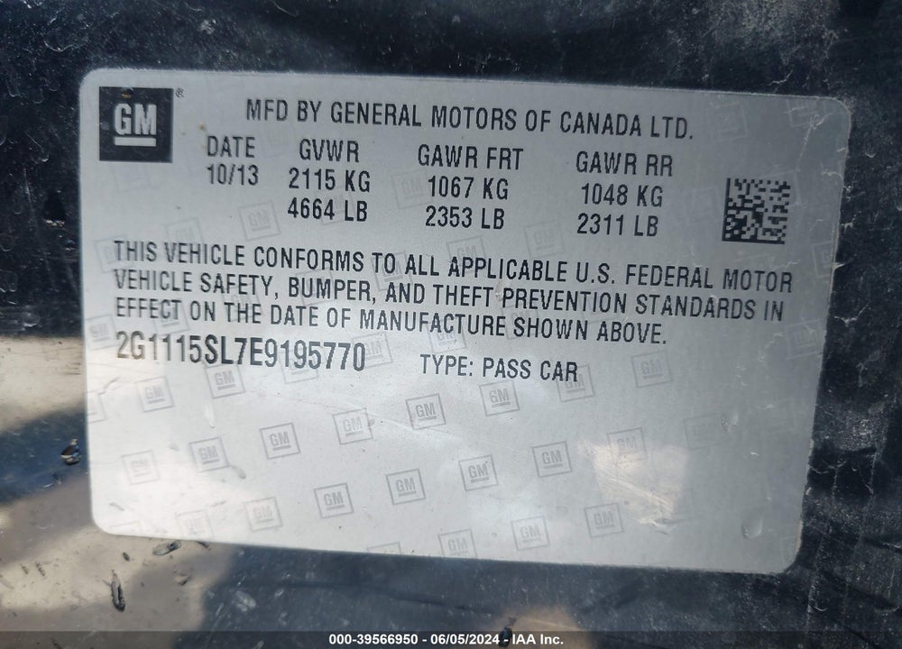 2014 CHEVROLET IMPALA 1LT VIN: 2G1115SL7E9195770