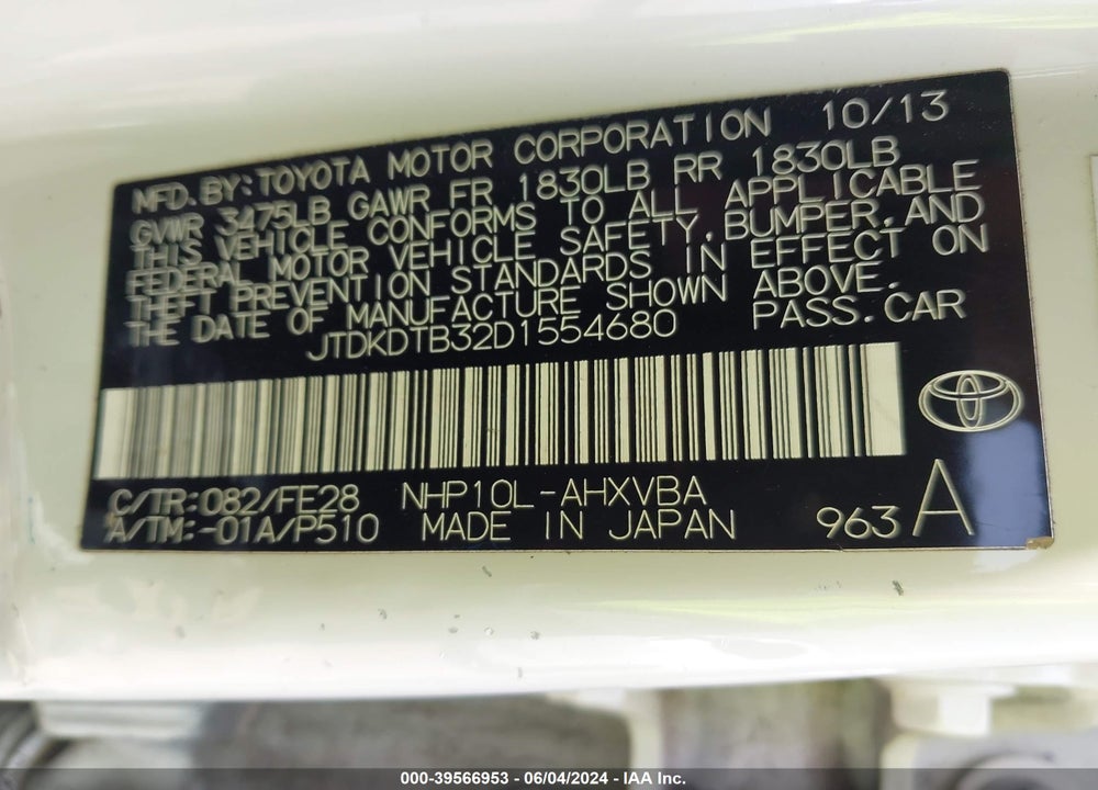 2013 TOYOTA PRIUS C ONE VIN: JTDKDTB32D1554680