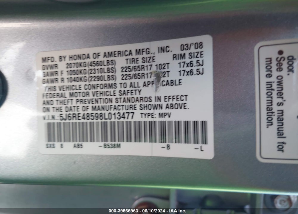 2008 HONDA CR-V EX VIN: 5J6RE48598L013477