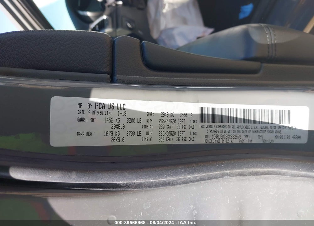 2019 CHEROKEE JEEP GRAND  ALTITUDE 4X2 VIN: 1C4RJEAG9KC662576