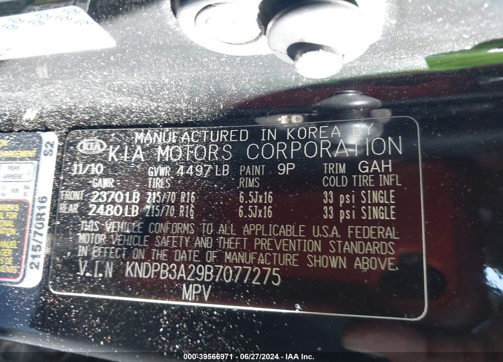 2011 KIA SPORTAGE LX VIN: KNDPB3A29B7077275