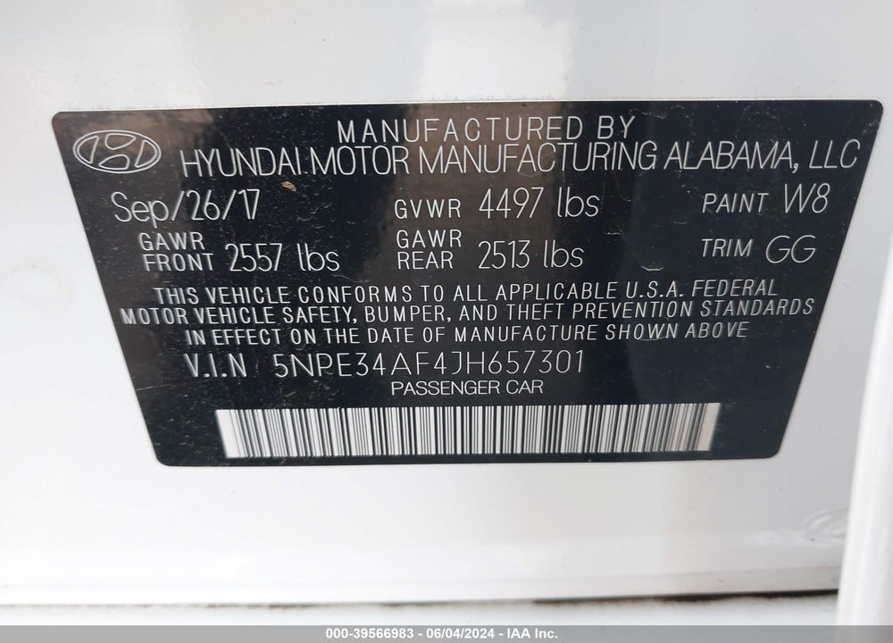 2018 HYUNDAI SONATA SEL VIN: 5NPE34AF4JH657301