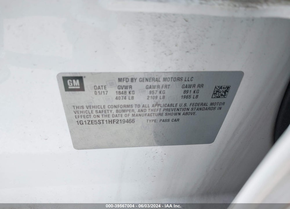 2017 CHEVROLET MALIBU 1LT VIN: 1G1ZE5ST1HF219466