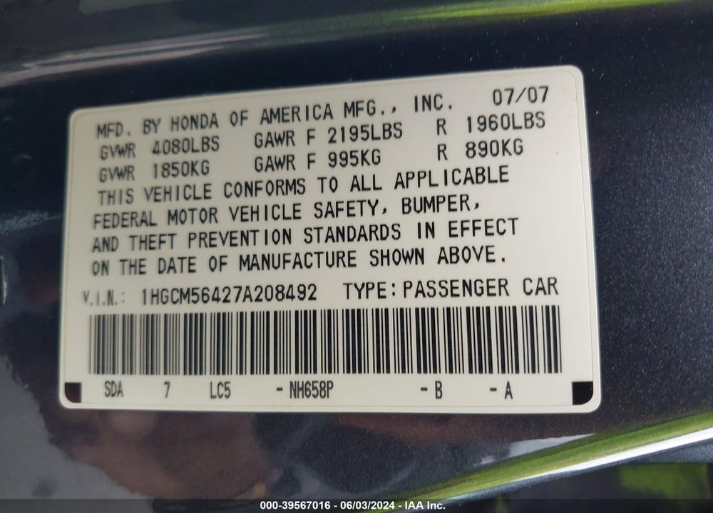 2007 HONDA ACCORD 2.4 LX VIN: 1HGCM56427A208492