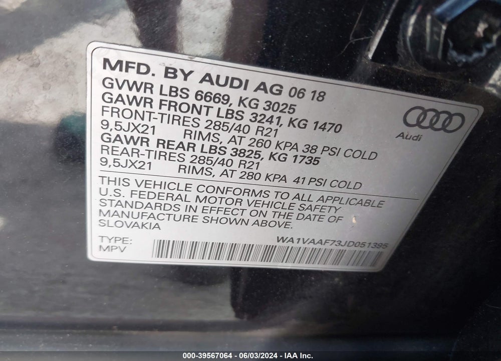 2018 AUDI Q7 3.0T PREMIUM VIN: WA1VAAF73JD051395