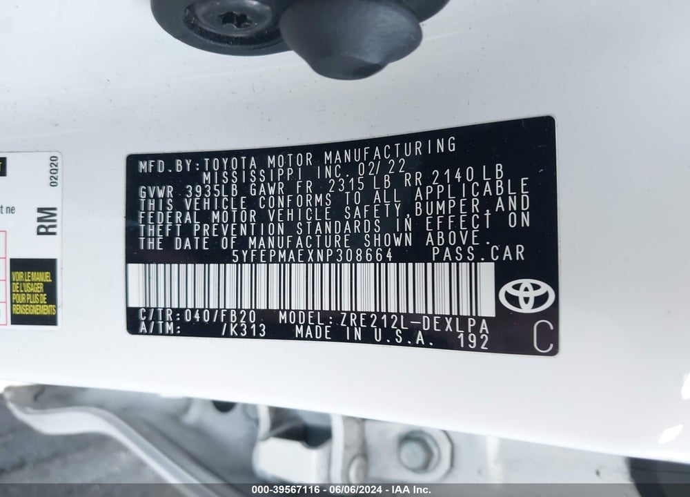 2022 TOYOTA COROLLA LE VIN: 5YFEPMAEXNP308664