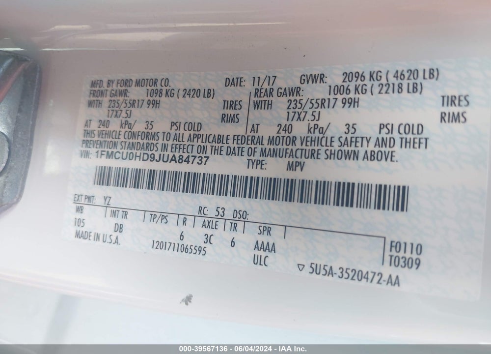 2018 FORD ESCAPE SEL VIN: 1FMCU0HD9JUA84737
