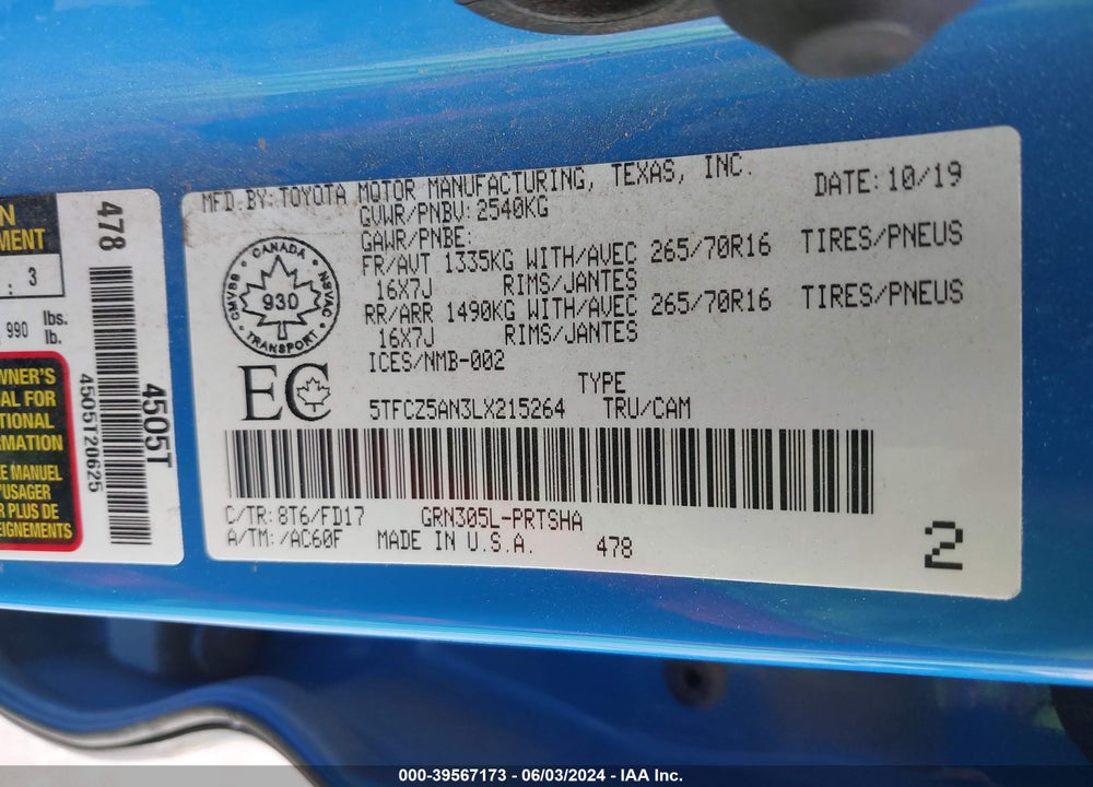 2020 TOYOTA TACOMA TRD SPORT VIN: 5TFCZ5AN3LX215264