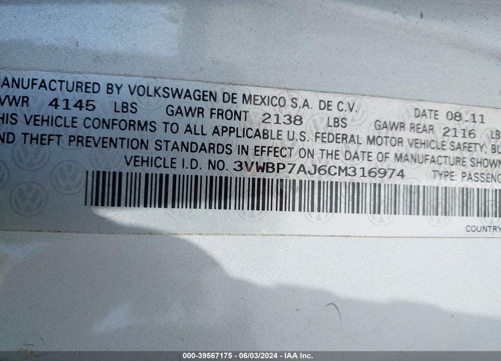 2012 VOLKSWAGEN JETTA 2.5L SE VIN: 3VWBP7AJ6CM316974