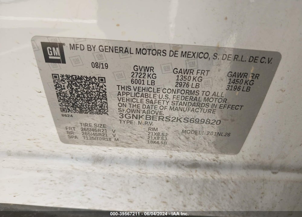 2019 CHEVROLET BLAZER RS VIN: 3GNKBERS2KS699820