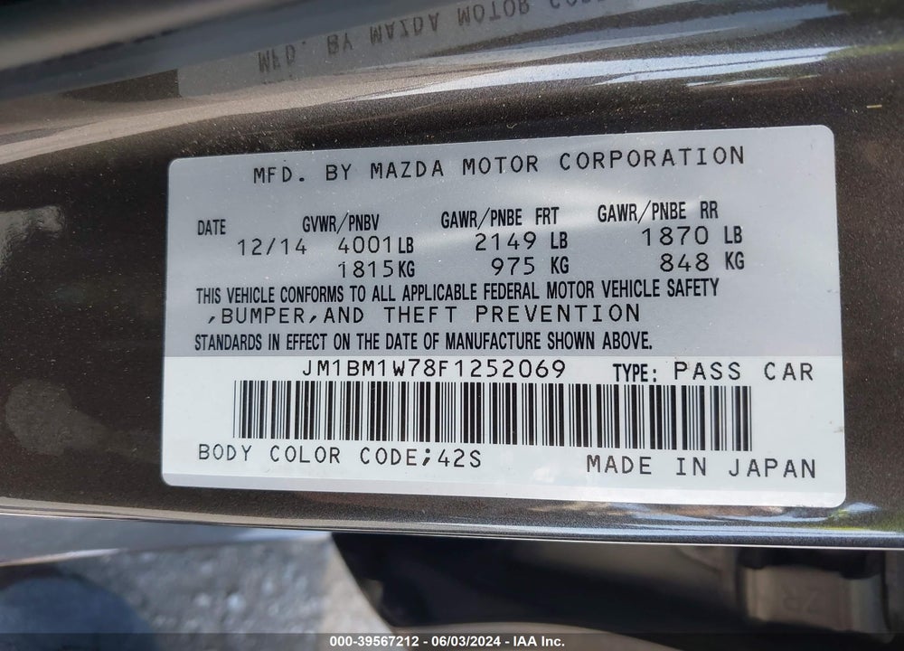 2015 MAZDA 3 I GRAND TOURING VIN: JM1BM1W78F1252069