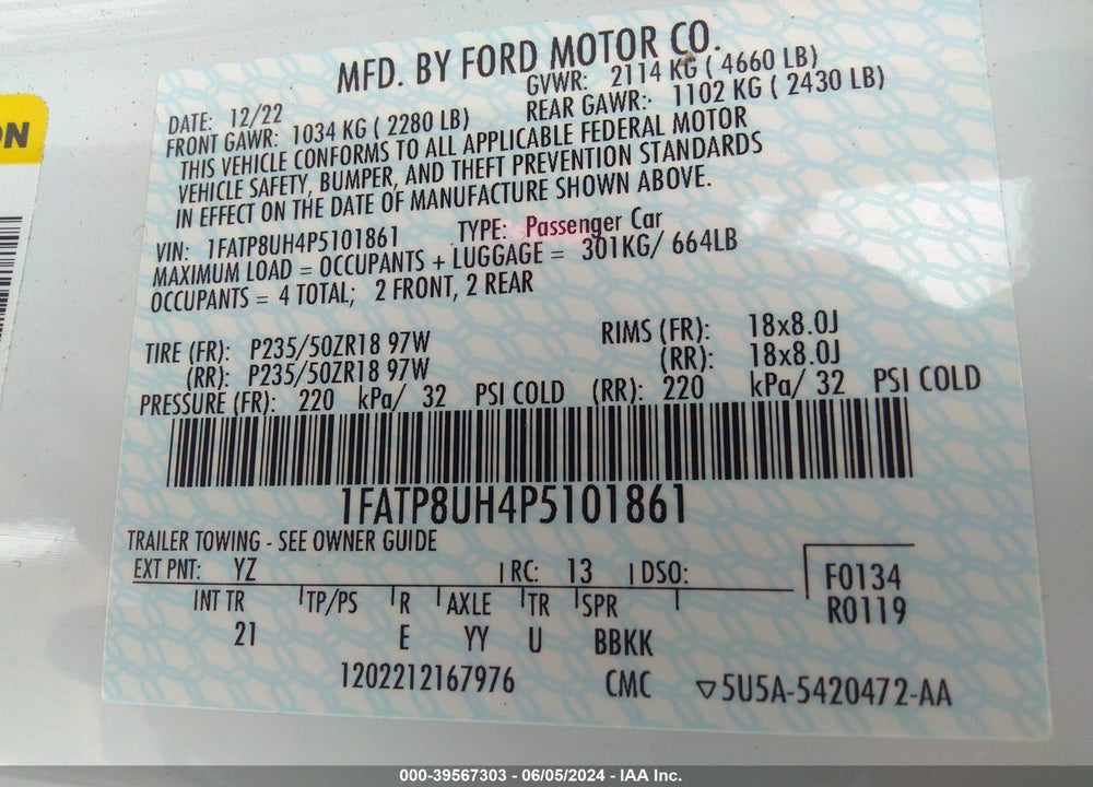2023 FORD MUSTANG ECOBOOST VIN: 1FATP8UH4P5101861