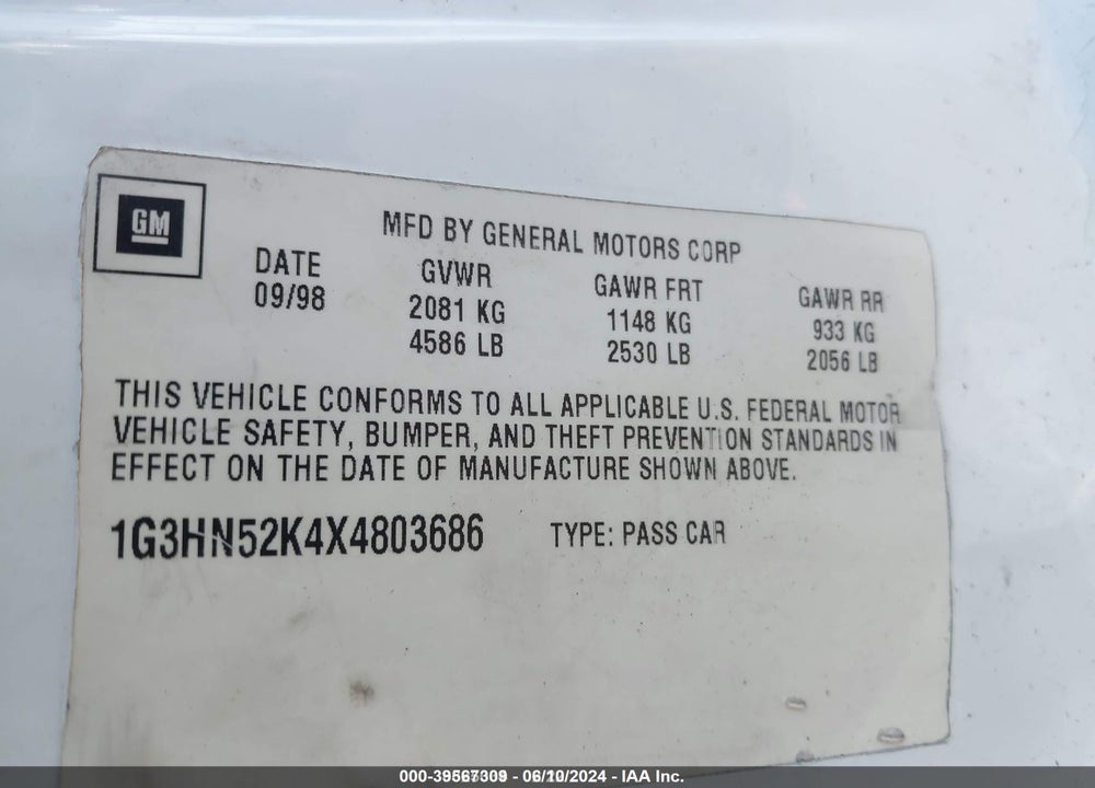 1999 OLDSMOBILE EIGHTY-EIGHT LS VIN: 1G3HN52K4X4803686