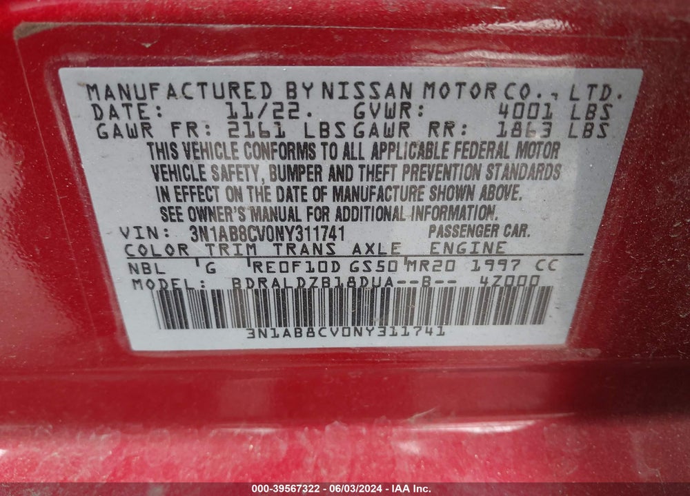 2022 NISSAN SENTRA SV XTRONIC CVT VIN: 3N1AB8CV0NY311741